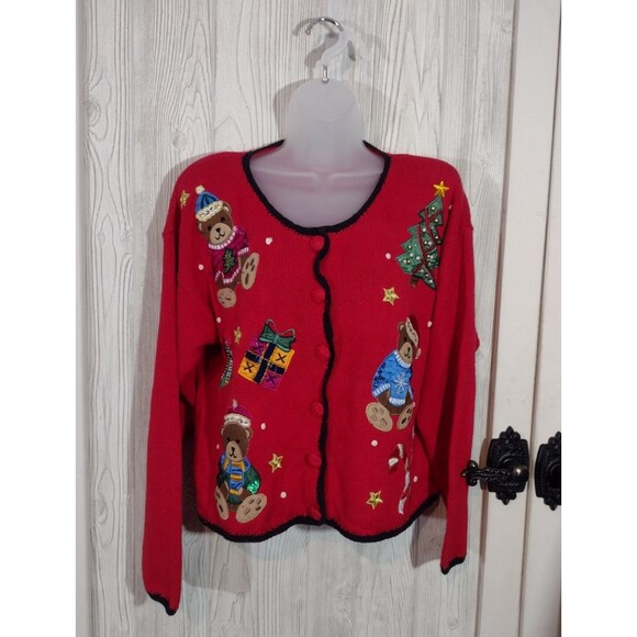 Vintage NutCracker Ugly Christmas Cardigan Women's Sweater Medium Bears & Beads - Picture 2 of 11